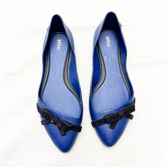 Melissa Trippy Pointed Toe Ballet Flats Blue Black Bow Accent Size 9 - Picture 1 of 6